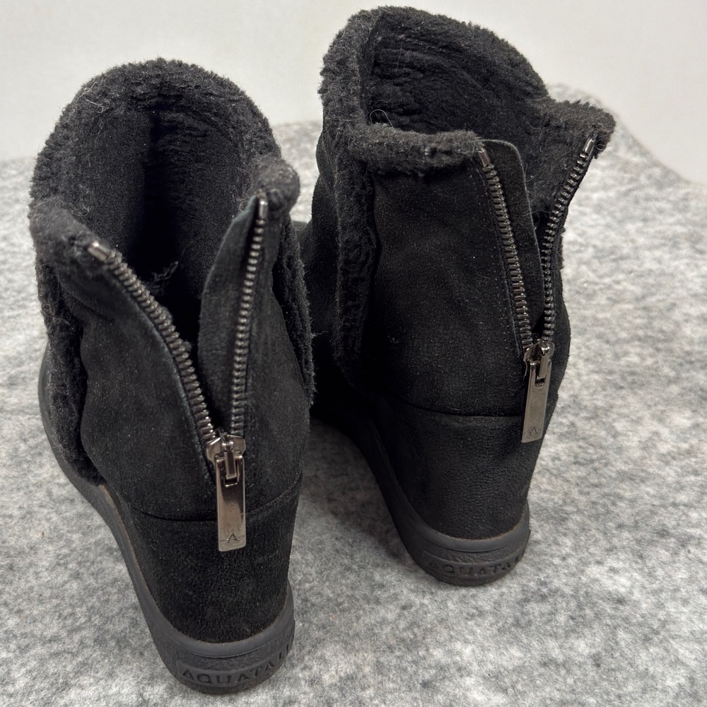 Aquatalia Ankle Boots Womens 8 Black Suede Shearling Faux Fur Trim Wedge Booties - Picture 6 of 11